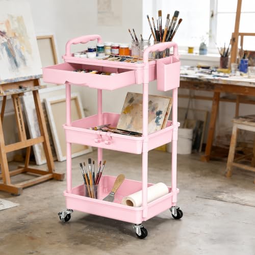 Pink 3-Tier Rolling Makeup Organizer with Removable Drawer and Wheels