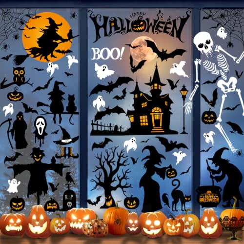 Halloween Window Clings Set - 138 Pieces, 8 Sheets, Ghost Skeleton Bat Decor A4 Variation