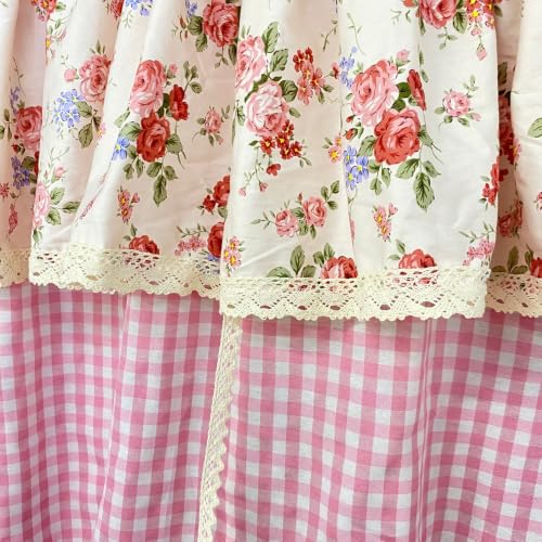 Pink Floral Gingham Tie-Up Balloon Curtain with Lace Trim - 55W x 63L