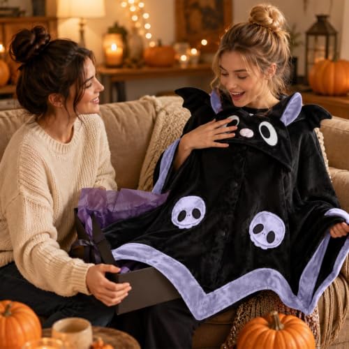 Wearable Bat Blanket Hoodie with Wings for Halloween Cosplay & Lounging