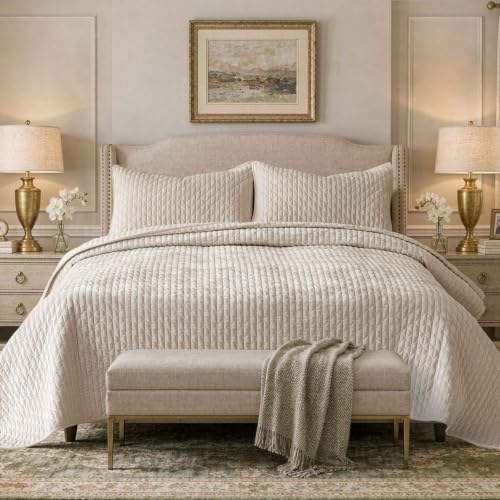 Velvet Queen Size Quilt Set 90x98 Inches Bedding with 2 Pillowcases Beige