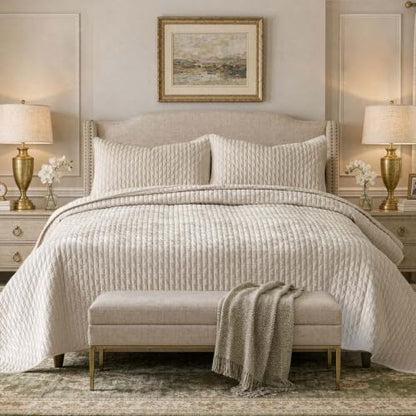 Velvet Queen Size Quilt Set 90x98 Inches Bedding with 2 Pillowcases Beige