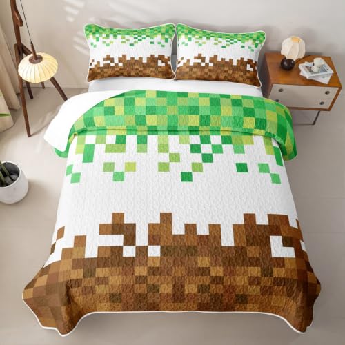 Pixelated Theme Quilt Bedding Set Full Brown Green Geometric Patchwork Kids Bedspread