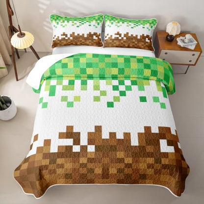 Pixelated Theme Quilt Bedding Set Full Brown Green Geometric Patchwork Kids Bedspread