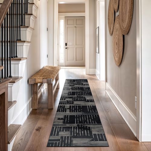 Black Block Stripe Machine Washable Non-Slip Runner Rug 2'x12' - Rugshop