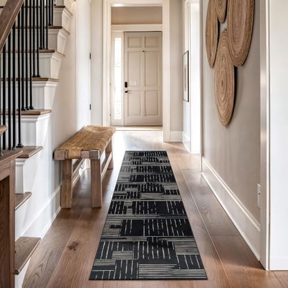 Black Block Stripe Machine Washable Non-Slip Runner Rug 2'x12' - Rugshop