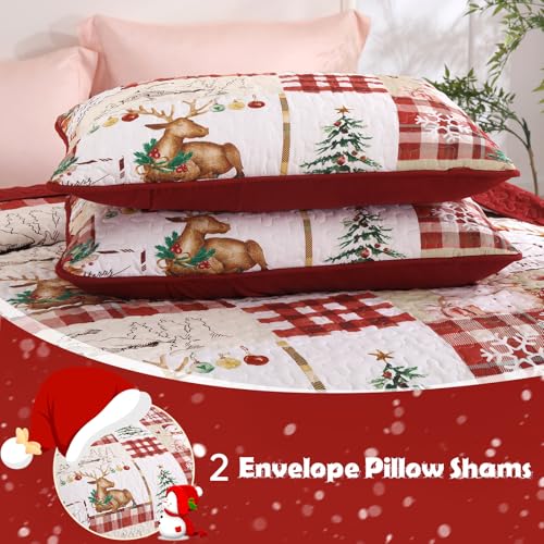 Christmas Quilt Set Queen Size 3-Piece Bedspread Bedding with Reindeer Snowman Pattern - Red & Green