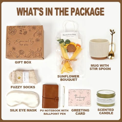 Brown Birthday Gift Basket for Women with Coffee Mug, Sunflower & Self-Care Items