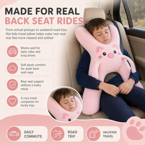 Kids Car Pillow with Animal Design, Neck Support & Seat Belt Slot - Dog Variation