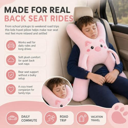 Kids Car Pillow with Animal Design, Neck Support & Seat Belt Slot - Dog Variation