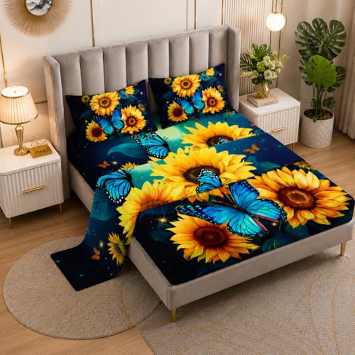 Twin Sunflower Printed Sheet Set for Kids & Teens - 4Pcs, Microfiber