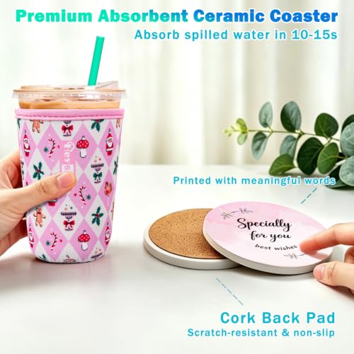 Coffee Cup Sleeve Set for 16-32oz Drinks with Christmas Theme and Coasters - Includes 3 Sleeves, Gift Bag & Ceramic Coaster (Variation: Check Christmas-for 16-32oz Coffee Cup)
