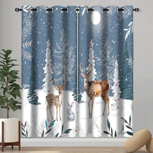 Winter Deer Holiday Blackout Curtains - Snowflake Forest Design, 2 Panels 52x84 Inch - Variation of THIS listing