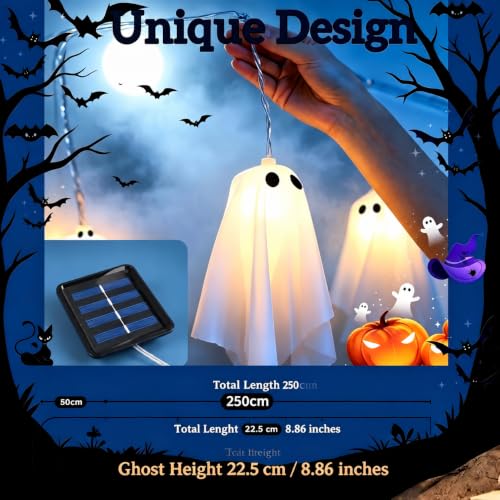 Outdoor Solar Ghost Halloween Decorations - White, 10 String Lights, Weather-Resistant