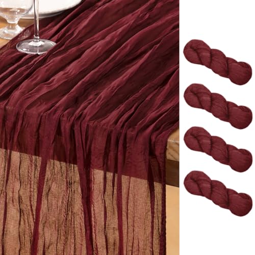 Burgundy Cheesecloth Table Runners 4 Pack - Rustic Boho Holiday Decor