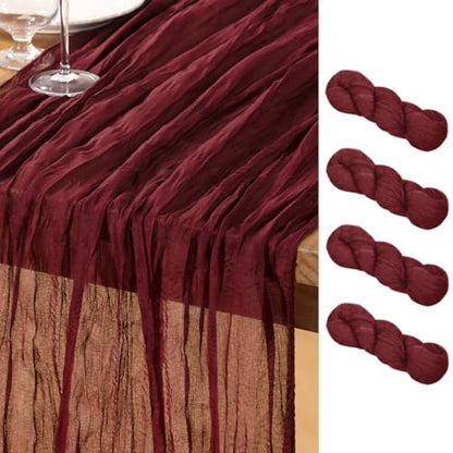 Burgundy Cheesecloth Table Runners 4 Pack - Rustic Boho Holiday Decor