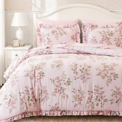 Pink Ruffled Floral Comforter Set Full Size - 7 Piece Bed-In-A-Bag