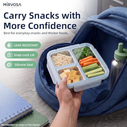 Square 3-Compartment Stainless Steel Snack Containers with Lids for Kids - 4 Pack
