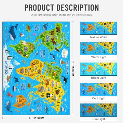 Map 01 Kids Playroom Rug - Blue World Map Non-Slip 4x6 ft Play Mat