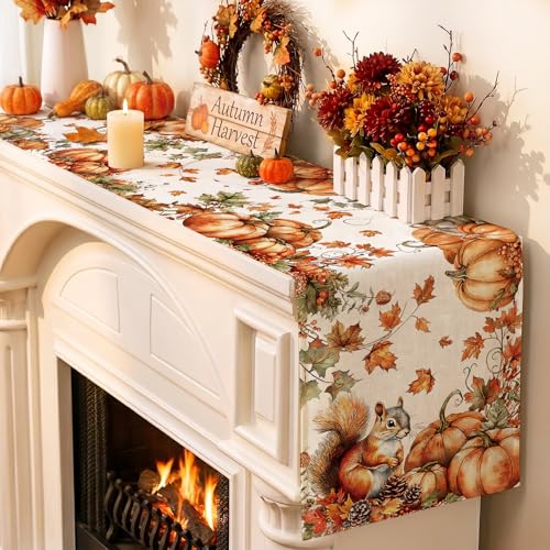 Fall Pumpkin Squirrel Table Runner - Autumn Thanksgiving Kitchen Decor 13x72 Inch - Squirrel Variation