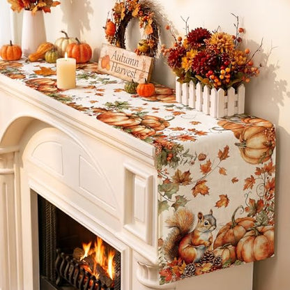Fall Pumpkin Squirrel Table Runner - Autumn Thanksgiving Kitchen Decor 13x72 Inch - Squirrel Variation