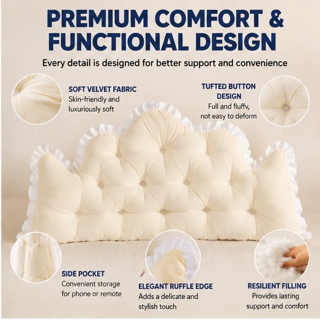 Pink Velvet Twin XL Dorm Headboard Pillow with Crown Tufted Design & Ruffle Trim - Reading Backrest Cushion, 39.37x21.65 Inches