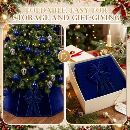 Navy Blue Velvet Hexagonal Christmas Tree Collar with Bow 24 Inch - Skylety