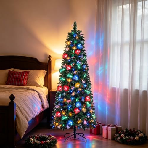 6 FT Pre-Lit Christmas Tree with Fiber Optic Lights, 245 LED Indoor Outdoor