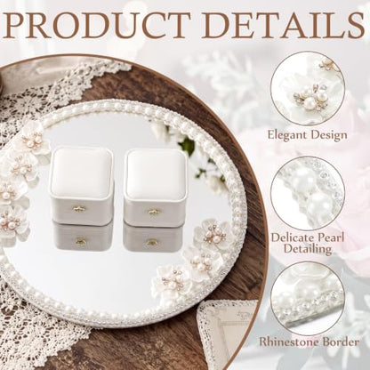 Wedding Mirror Tray with 2 Ring Boxes - Pearl Roses & Reflective Centerpiece