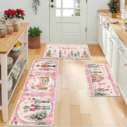 Christmas Nutcracker Kitchen Door Mats Set - Pink, Non-Slip, Washable, 16x28 & 16x47 Inches