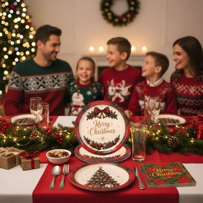 Christmas Tree & 100Pcs Buffalo Plaid Paper Plates and Napkins Set - Red & Green