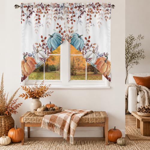 Blue Pumpkin Kitchen Valance Curtain Set - Leaf Pumpkin Pattern, 56W x 36L, Pack of 1 - Fall Decor