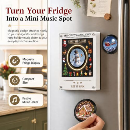 Magnetic Refrigerator Music Player with 9 Vinyl Discs, Custom MP3 Upload, LED Light, Christmas Decor