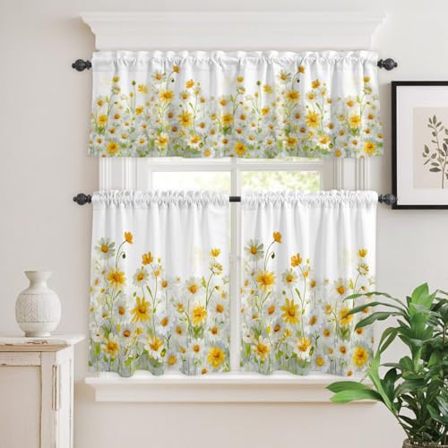 Yellow White Daisy Kitchen Curtains Set - Small 24 Inch Length, Farmhouse Style, Rod Pocket Window Tiers and Valance - Pack of 3
