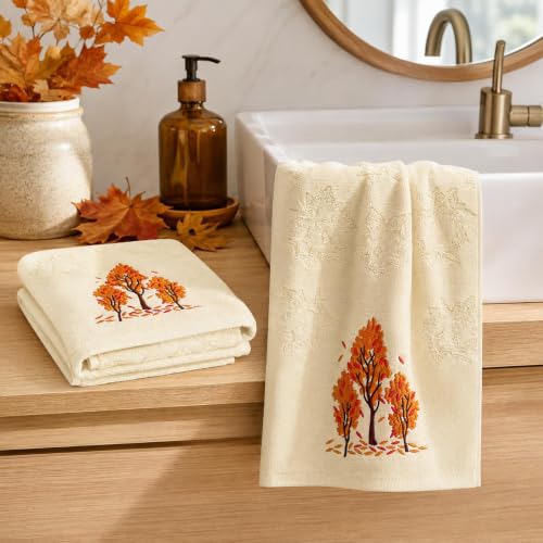 Fall Hand Towels 2 Pack - Beige Maple Leaves Jacquard, Soft Cotton, 29.5 x 13.8 Inches