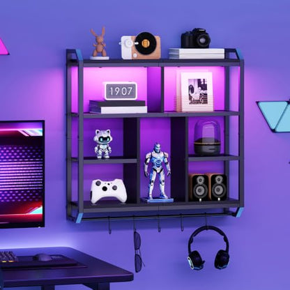 Black HOOBRO LED Floating Wall Shelf with Lights, 28.1 Inch Gaming Shelves
