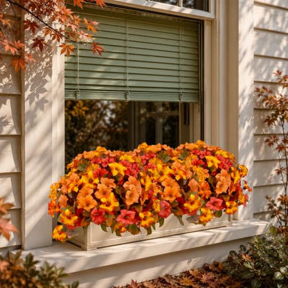 Artificial Fall Flowers Outdoor 4PCS Sunset Orange & Green Bicolor
