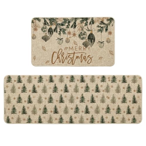 Holiday Christmas Tree Floor Mats Set of 2 - Non-Slip Kitchen Rugs 17x29 & 17x47 Inches