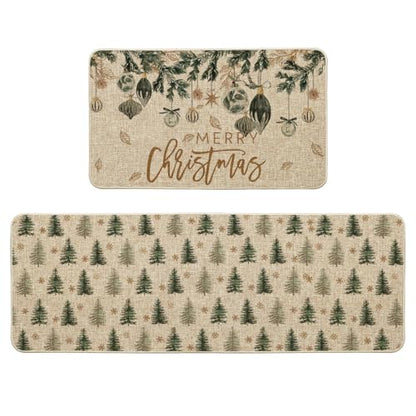 Holiday Christmas Tree Floor Mats Set of 2 - Non-Slip Kitchen Rugs 17x29 & 17x47 Inches