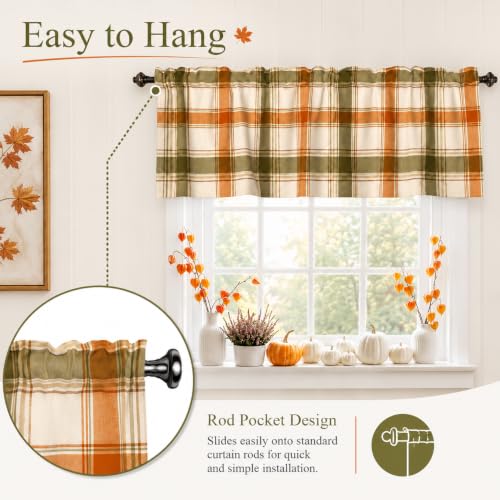 Fall Plaid Window Valance Curtains 54x18 Inch - Orange Green Checkered Farmhouse Style