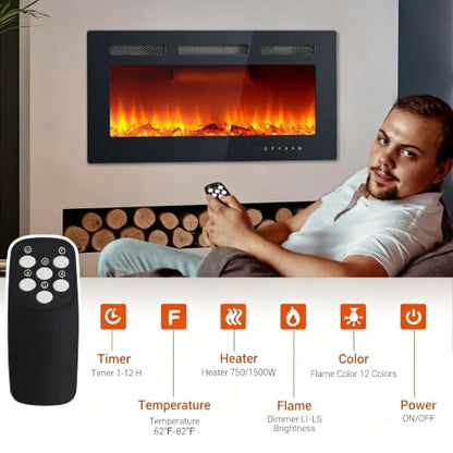 30-Inch Electric Fireplace Wall Mount & Recessed with 12 Flame Colors
