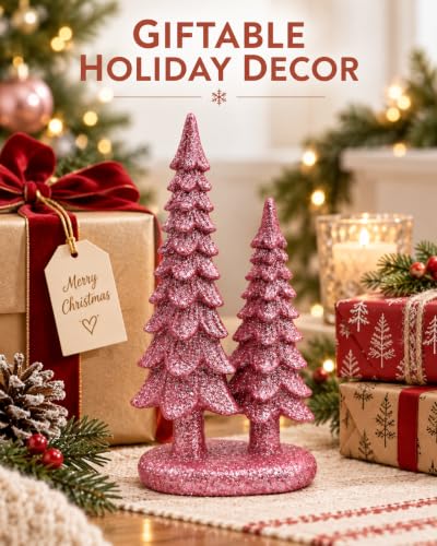 Pink Mini Christmas Tree Figurine Duo - 7-Inch Resin Tabletop Decor - Small