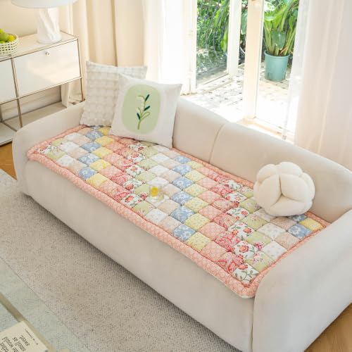 Pink Patchwork Cotton Couch Cover - Thick Non-Slip Sofa Seat Pad 27.6 x 70.9 in