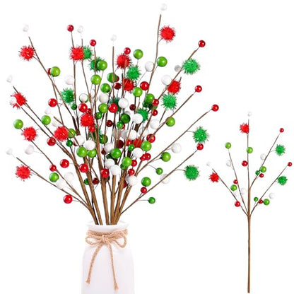Artificial Berry Stems - 6 Pieces, 16 Inch Christmas Tree Picks, Red Green White, Holiday Decor