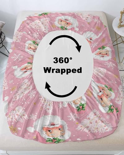 Christmas Santa Claus Xmas Tree Fitted Bed Sheet King Pink Variation