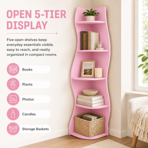 Pink 5-Tier Wavy Corner Shelf for Small Spaces - Curvy Wall Organizer