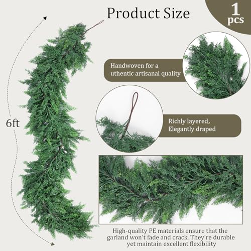6 FT Artificial Cedar Garland - Real Touch Christmas Wreath, Green
