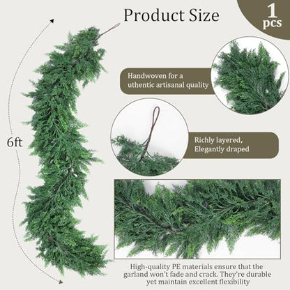 6 FT Artificial Cedar Garland - Real Touch Christmas Wreath, Green
