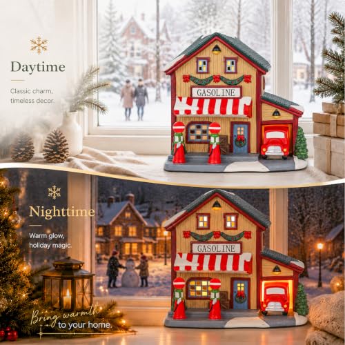 Ceramic Christmas Village House with Light-Up Gas Station - Holiday Decor - Variation of Gas Station