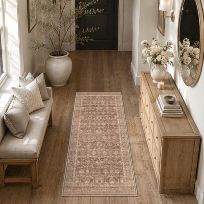 Muted Terracotta 2x5 Non-Slip Boho Rug Runner - Vintage Floral Design